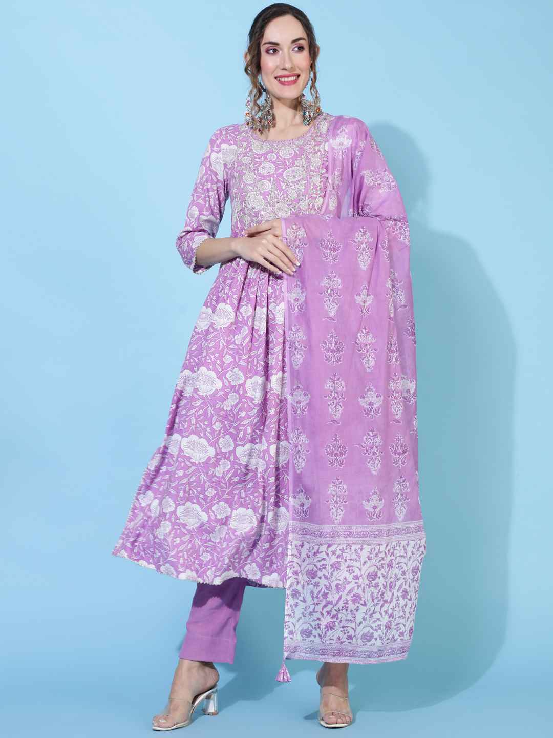Rayon Calf Length Printed Semi-Flared 3/4 sleeves Round Neck Kurta Bottom Dupatta Set (Preorder)