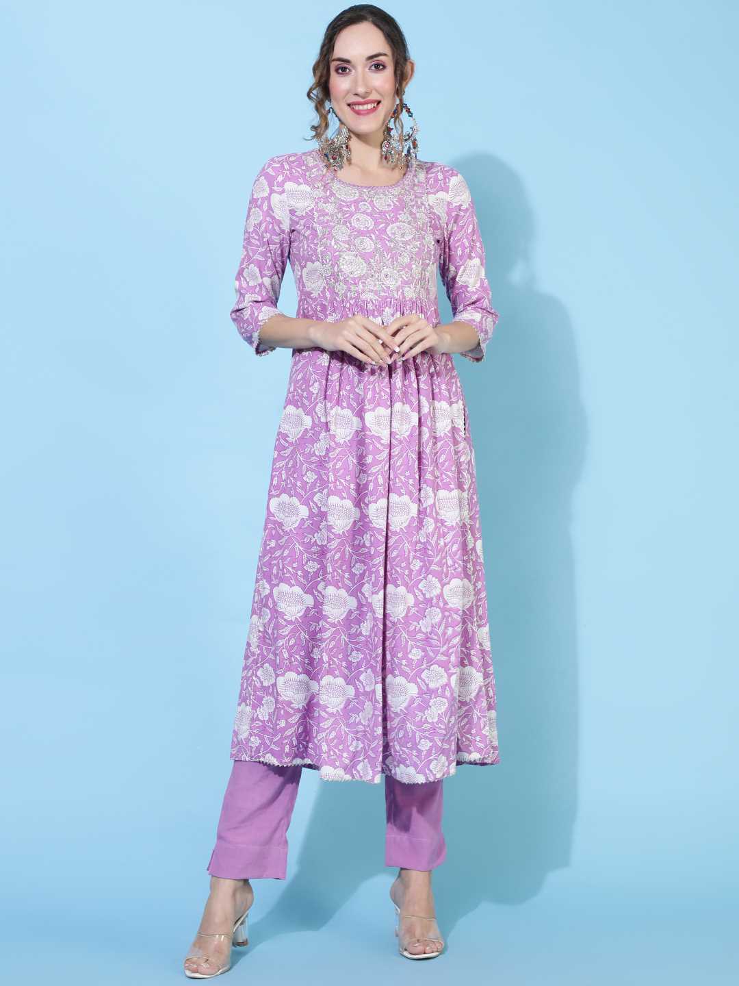 Rayon Calf Length Printed Semi-Flared 3/4 sleeves Round Neck Kurta Bottom Dupatta Set (Preorder)