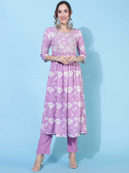 Rayon Calf Length Printed Semi-Flared 3/4 sleeves Round Neck Kurta Bottom Dupatta Set (Preorder)
