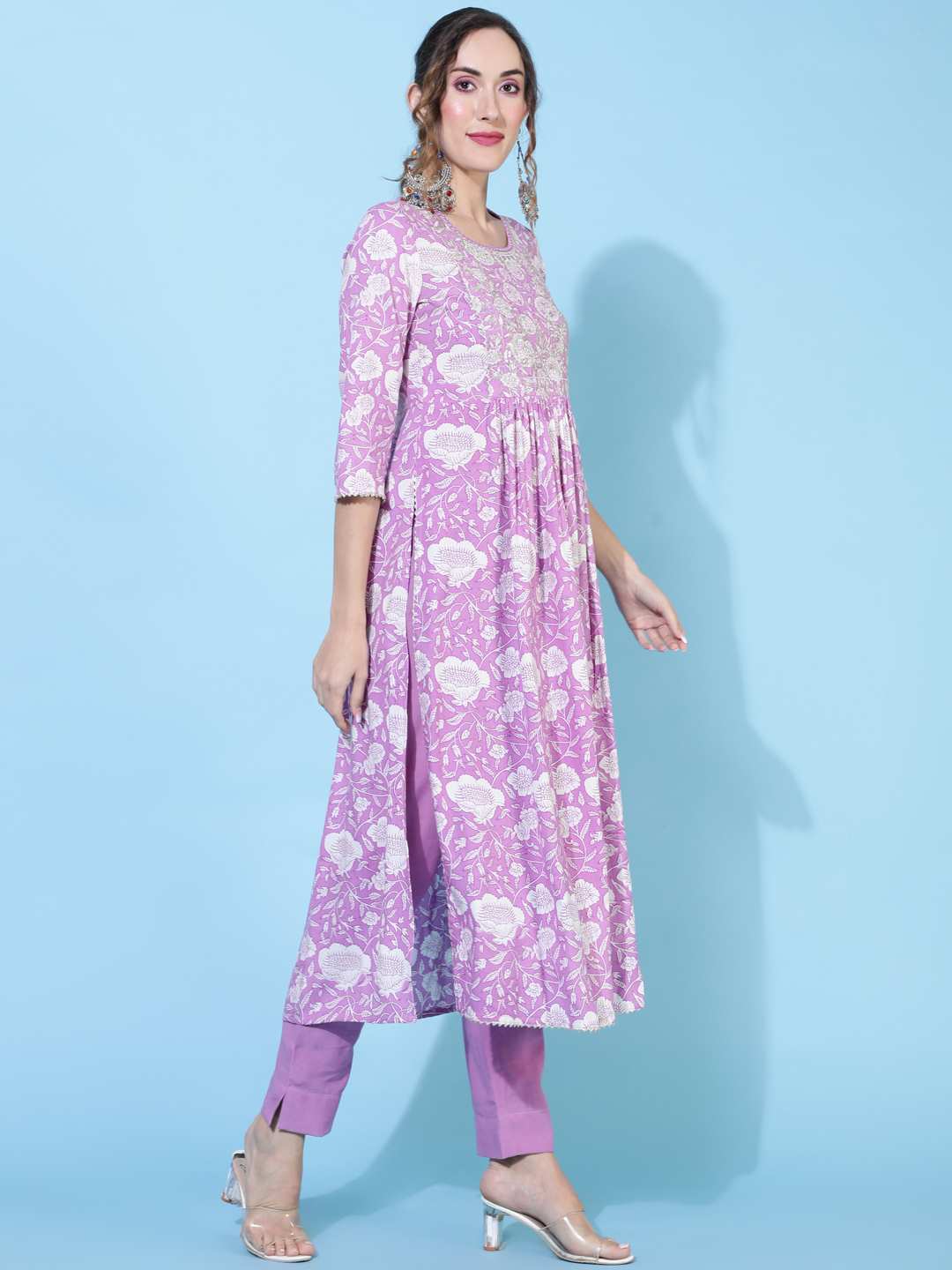 Rayon Calf Length Printed Semi-Flared 3/4 sleeves Round Neck Kurta Bottom Dupatta Set (Preorder)