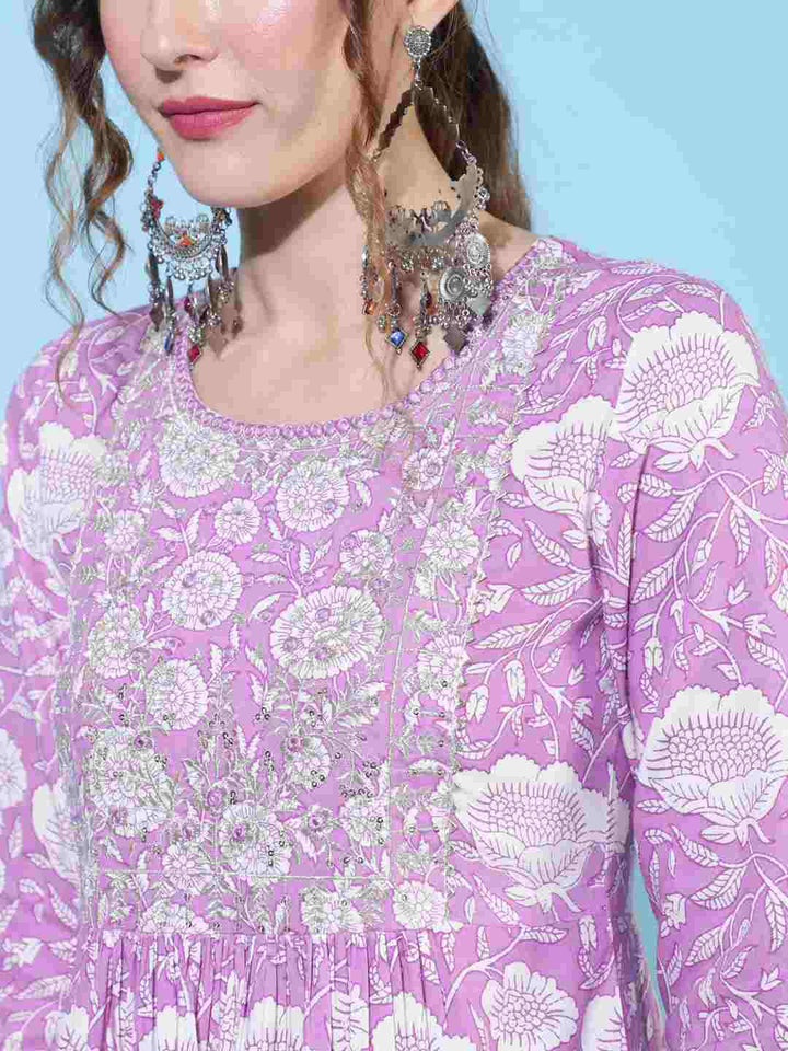 Rayon Calf Length Printed Semi-Flared 3/4 sleeves Round Neck Kurta Bottom Dupatta Set