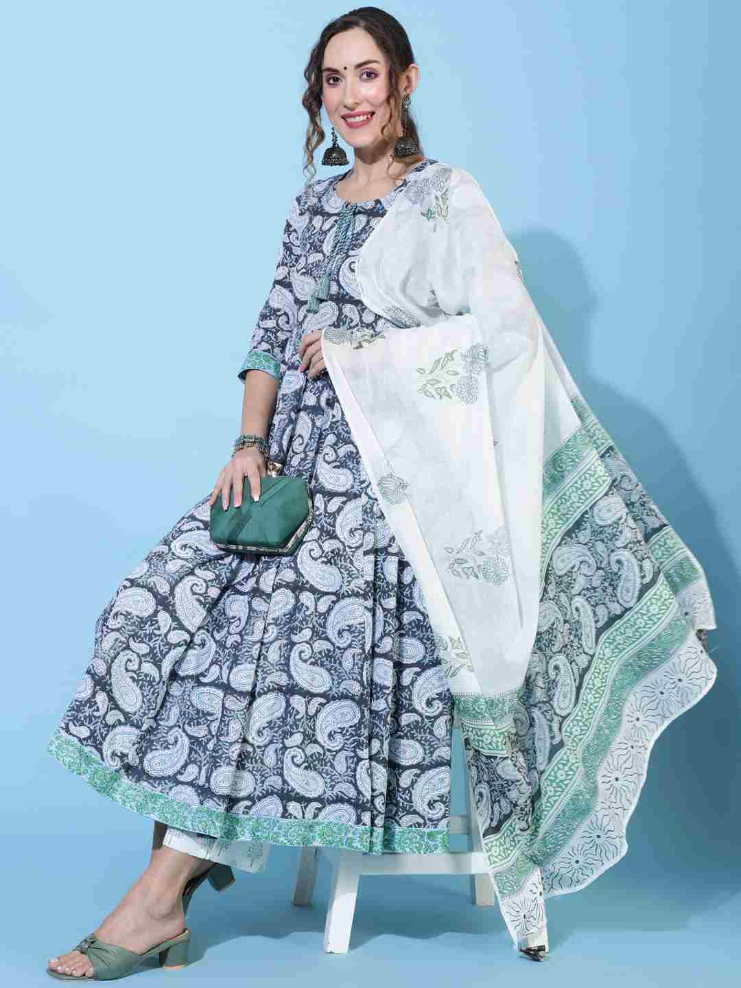 Cotton Calf Length Printed Flared 3/4 sleeves Round Neck Kurta Bottom Dupatta Set