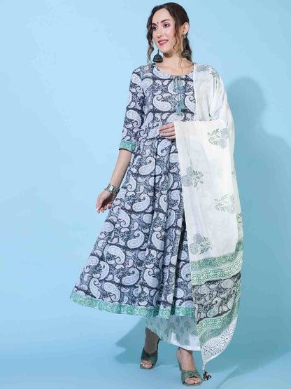 Cotton Calf Length Printed Flared 3/4 sleeves Round Neck Kurta Bottom Dupatta Set