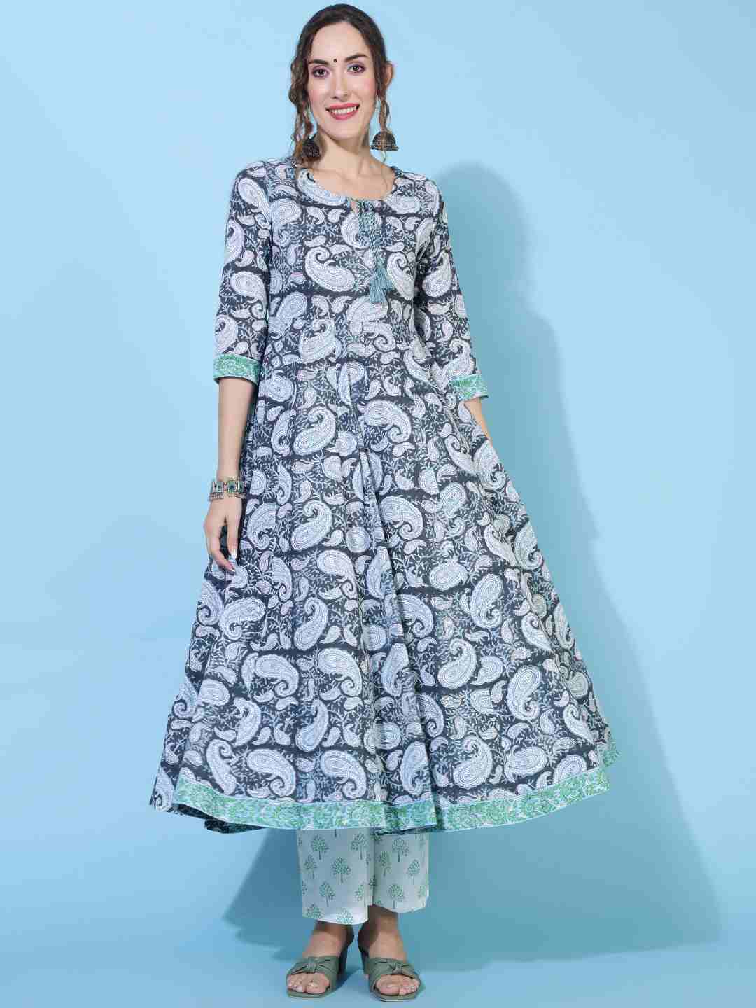 Cotton Calf Length Printed Flared 3/4 sleeves Round Neck Kurta Bottom Dupatta Set