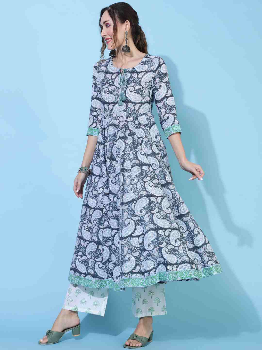 Cotton Calf Length Printed Flared 3/4 sleeves Round Neck Kurta Bottom Dupatta Set