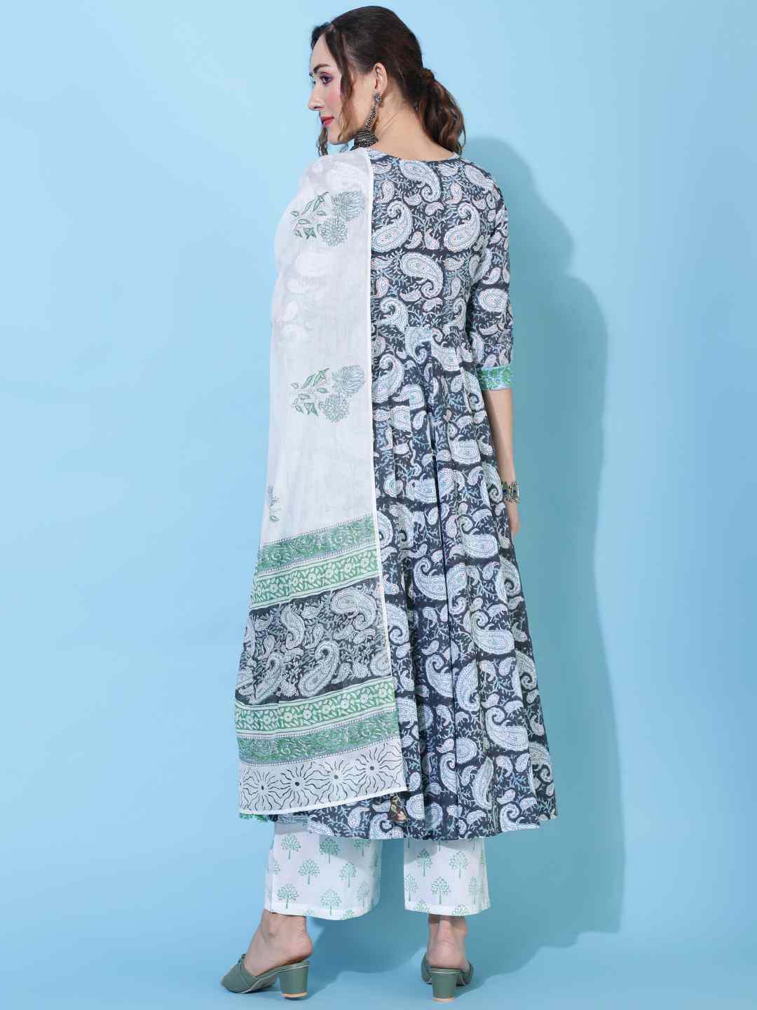 Cotton Calf Length Printed Flared 3/4 sleeves Round Neck Kurta Bottom Dupatta Set