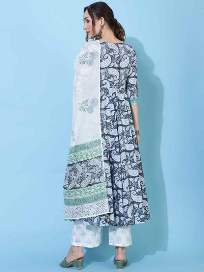Cotton Calf Length Printed Flared 3/4 sleeves Round Neck Kurta Bottom Dupatta Set
