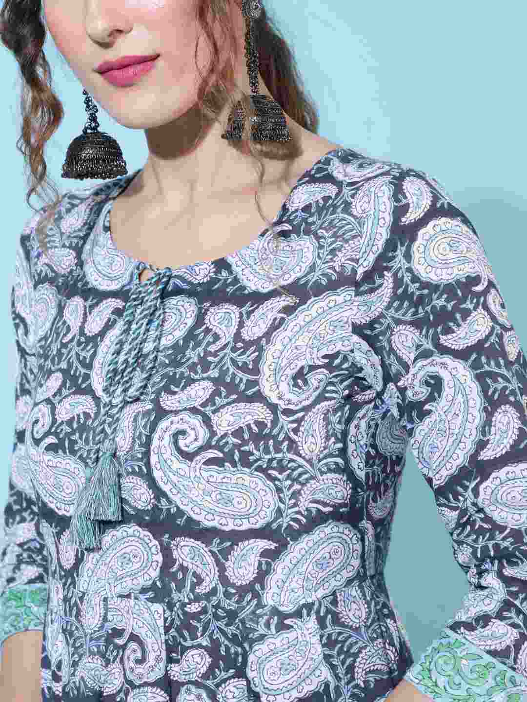 Cotton Calf Length Printed Flared 3/4 sleeves Round Neck Kurta Bottom Dupatta Set