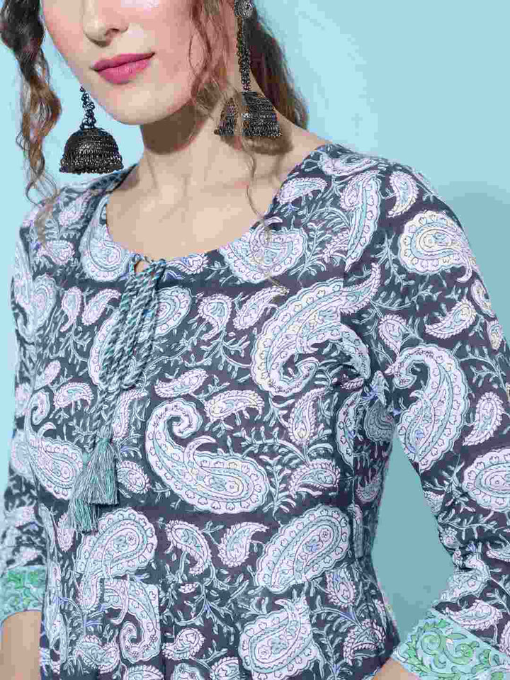 Cotton Calf Length Printed Flared 3/4 sleeves Round Neck Kurta Bottom Dupatta Set