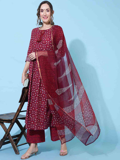 Cotton Calf Length Printed Semi-Flared 3/4 sleeves Round Neck Kurta Bottom Dupatta Set (Preorder)