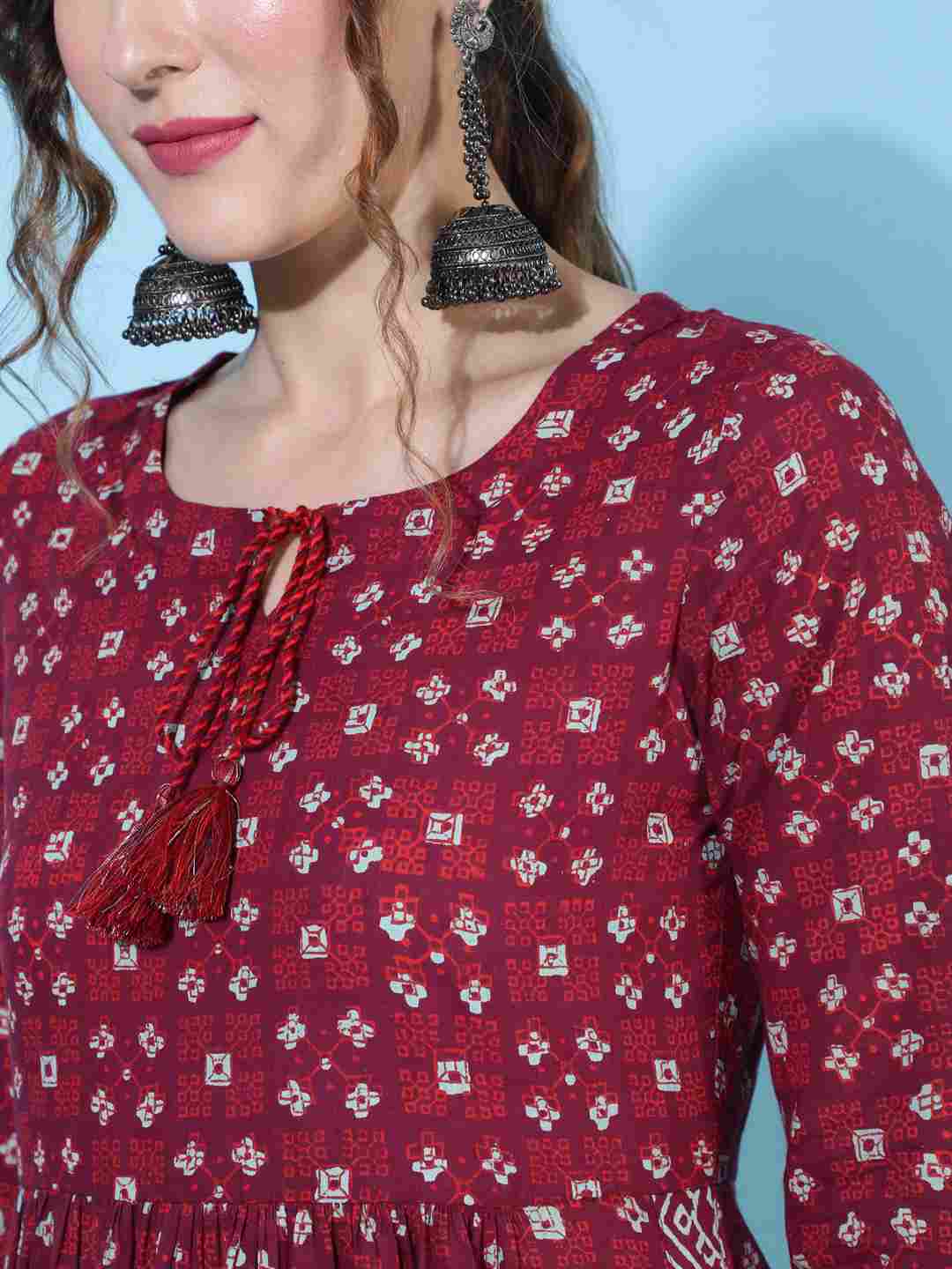 Cotton Calf Length Printed Semi-Flared 3/4 sleeves Round Neck Kurta Bottom Dupatta Set (Preorder)