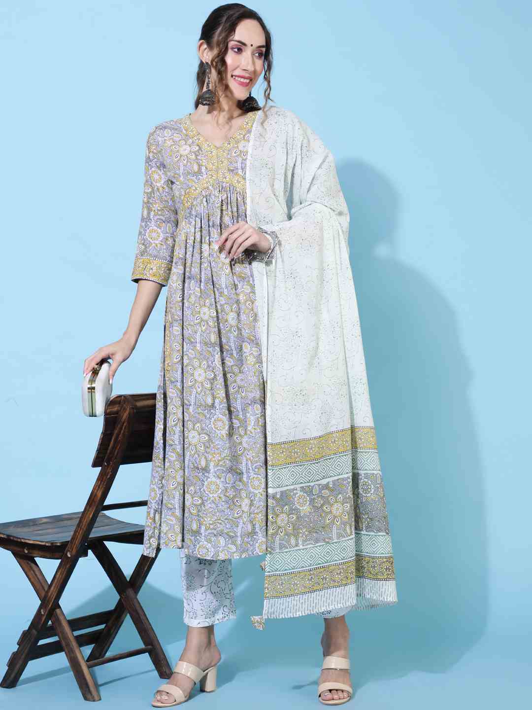 Cotton Calf Length Printed Flared 3/4 sleeves V neck Kurta Bottom Dupatta Set