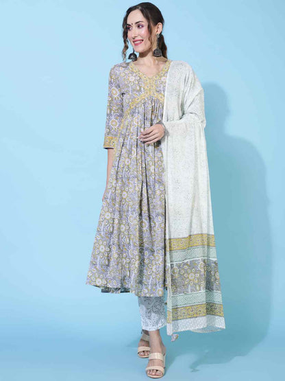 Cotton Calf Length Printed Flared 3/4 sleeves V neck Kurta Bottom Dupatta Set