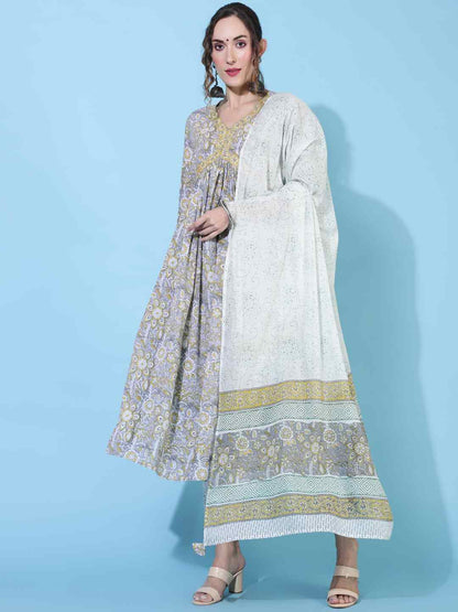 Cotton Calf Length Printed Flared 3/4 sleeves V neck Kurta Bottom Dupatta Set