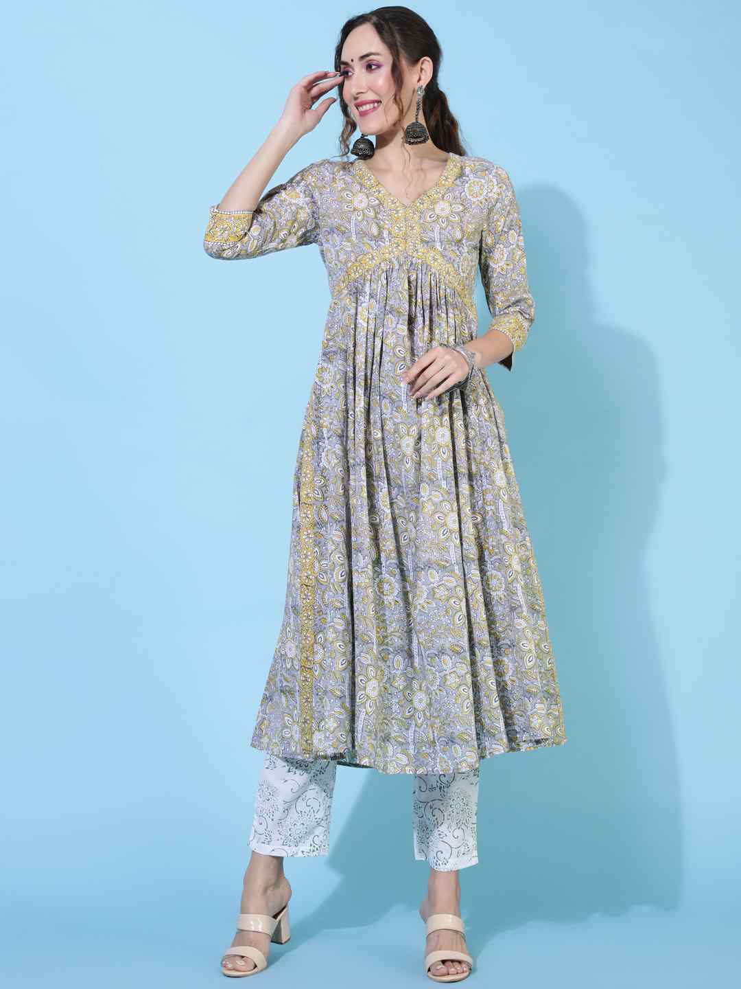 Cotton Calf Length Printed Flared 3/4 sleeves V neck Kurta Bottom Dupatta Set
