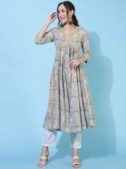 Cotton Calf Length Printed Flared 3/4 sleeves V neck Kurta Bottom Dupatta Set