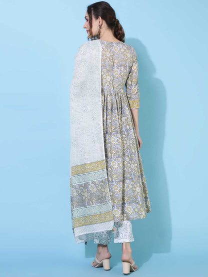 Cotton Calf Length Printed Flared 3/4 sleeves V neck Kurta Bottom Dupatta Set
