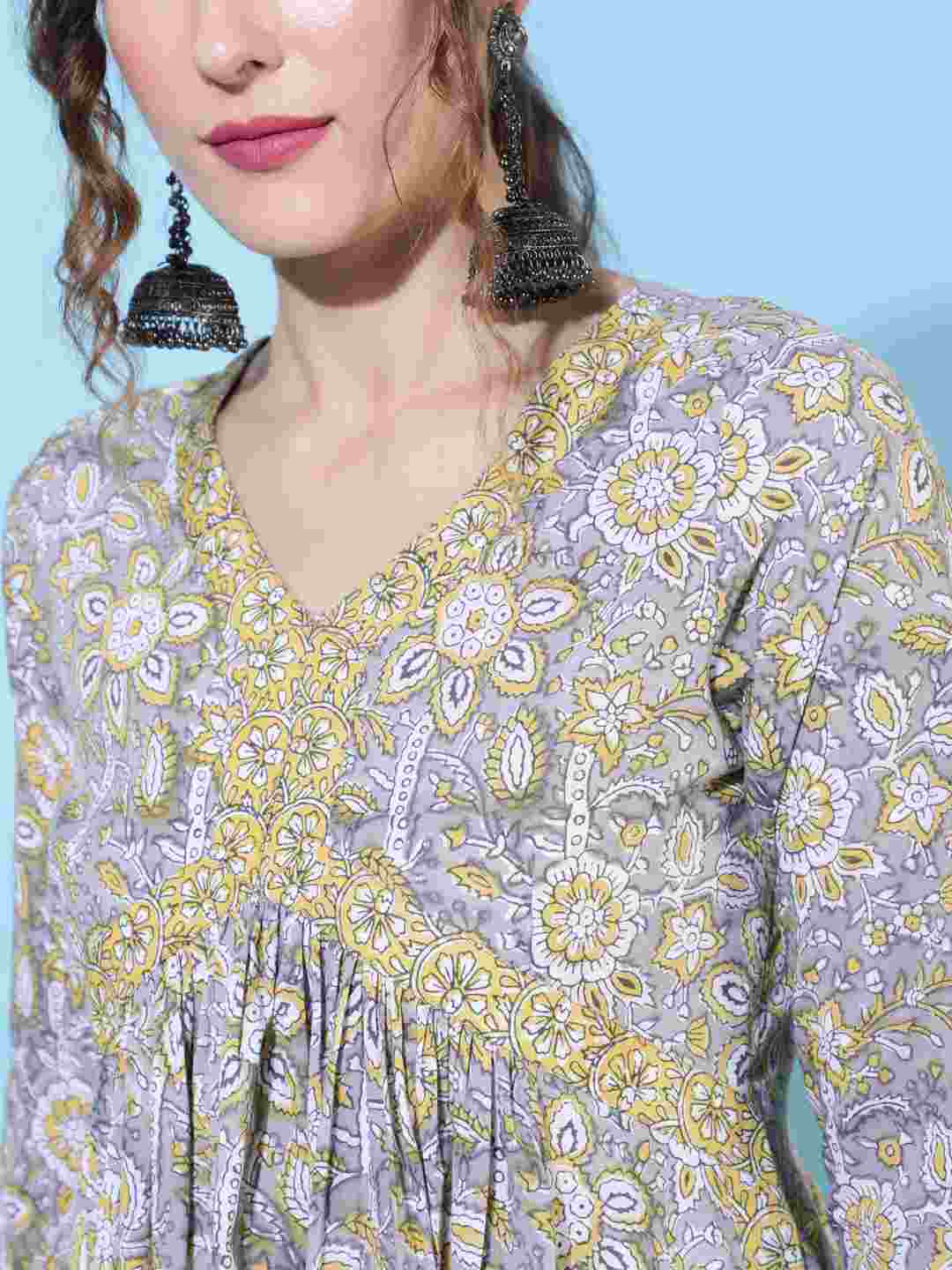 Cotton Calf Length Printed Flared 3/4 sleeves V neck Kurta Bottom Dupatta Set