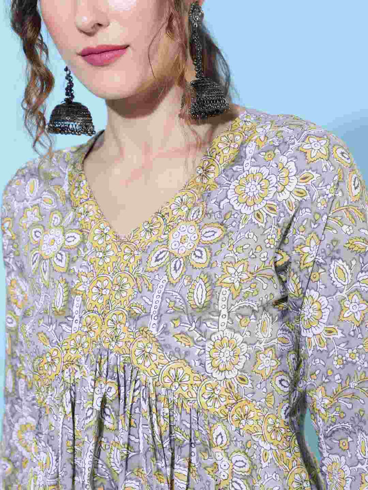 Cotton Calf Length Printed Flared 3/4 sleeves V neck Kurta Bottom Dupatta Set