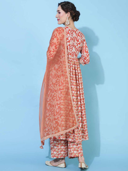 Cotton Calf Length Printed Flared 3/4 sleeves V neck Kurta Bottom Set