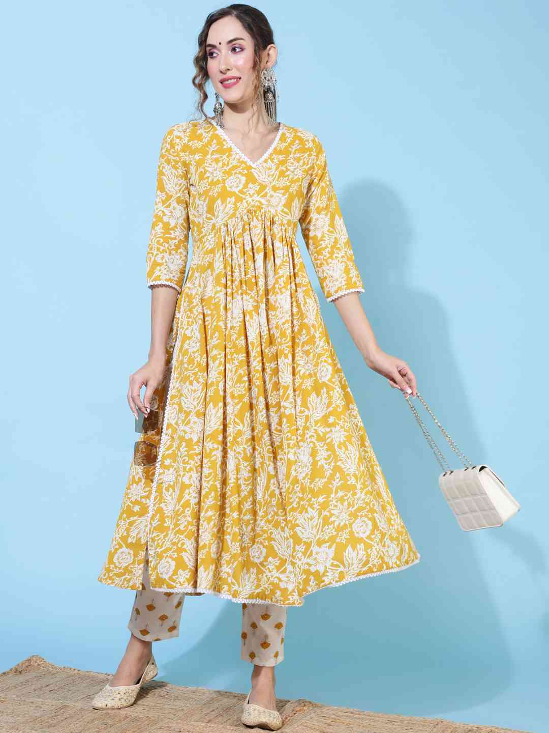 Rayon Calf Length Printed Flared 3/4 sleeves V neck Kurta Bottom Set