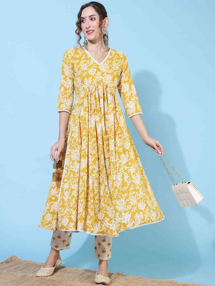 Rayon Calf Length Printed Flared 3/4 sleeves V neck Kurta Bottom Set