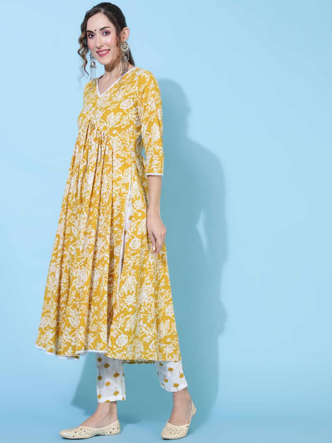 Rayon Calf Length Printed Flared 3/4 sleeves V neck Kurta Bottom Set