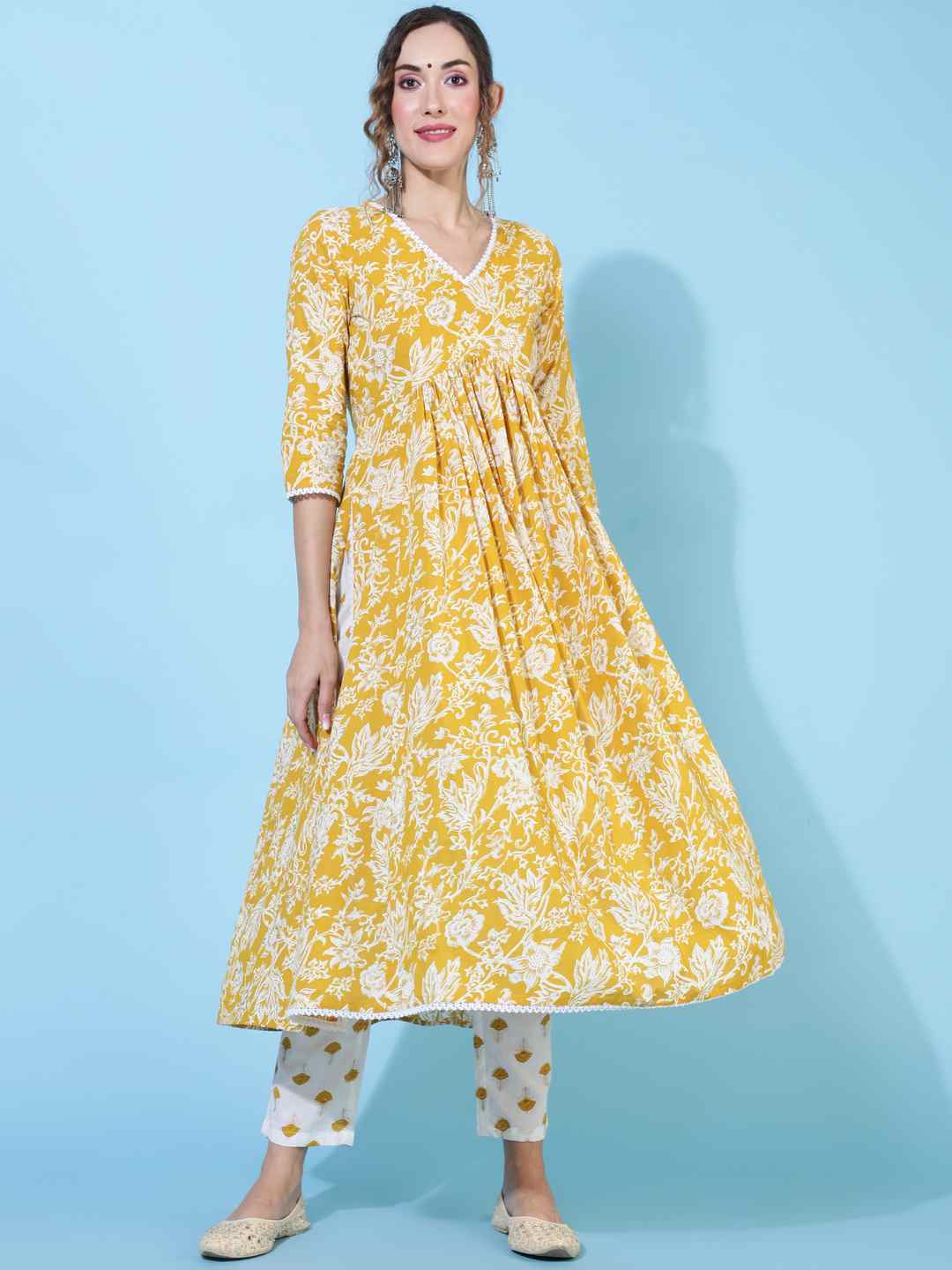 Rayon Calf Length Printed Flared 3/4 sleeves V neck Kurta Bottom Set