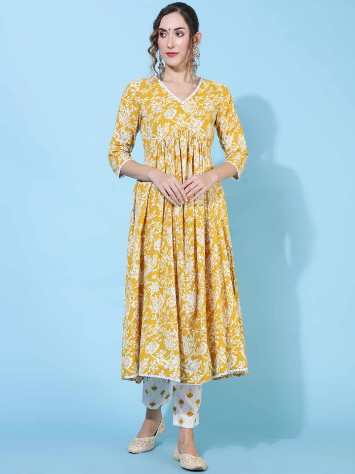 Rayon Calf Length Printed Flared 3/4 sleeves V neck Kurta Bottom Set