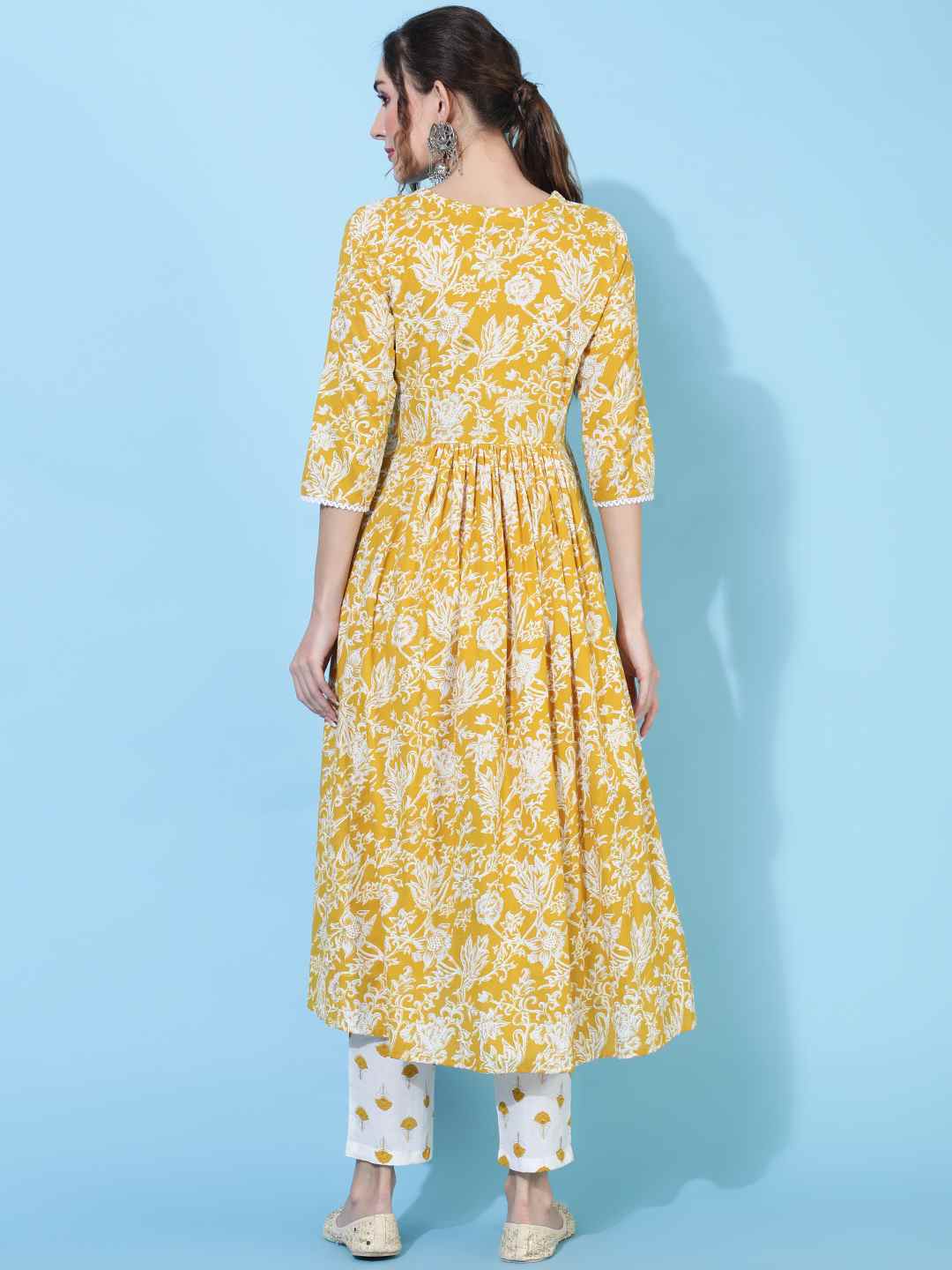 Rayon Calf Length Printed Flared 3/4 sleeves V neck Kurta Bottom Set