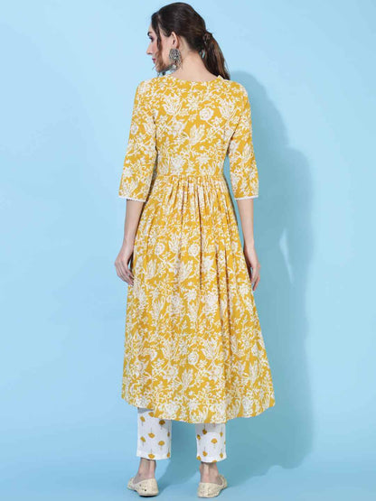 Rayon Calf Length Printed Flared 3/4 sleeves V neck Kurta Bottom Set