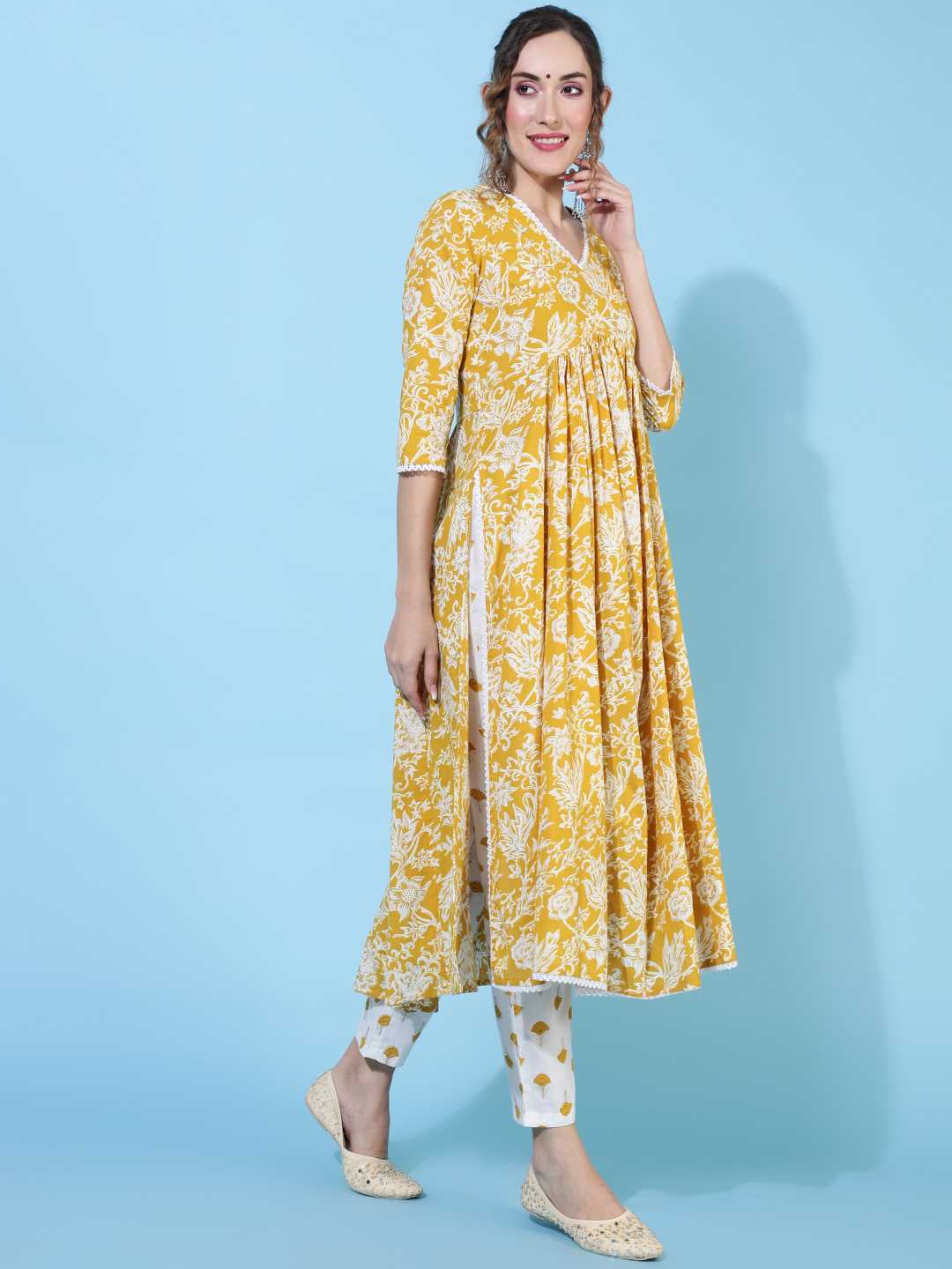 Rayon Calf Length Printed Flared 3/4 sleeves V neck Kurta Bottom Set