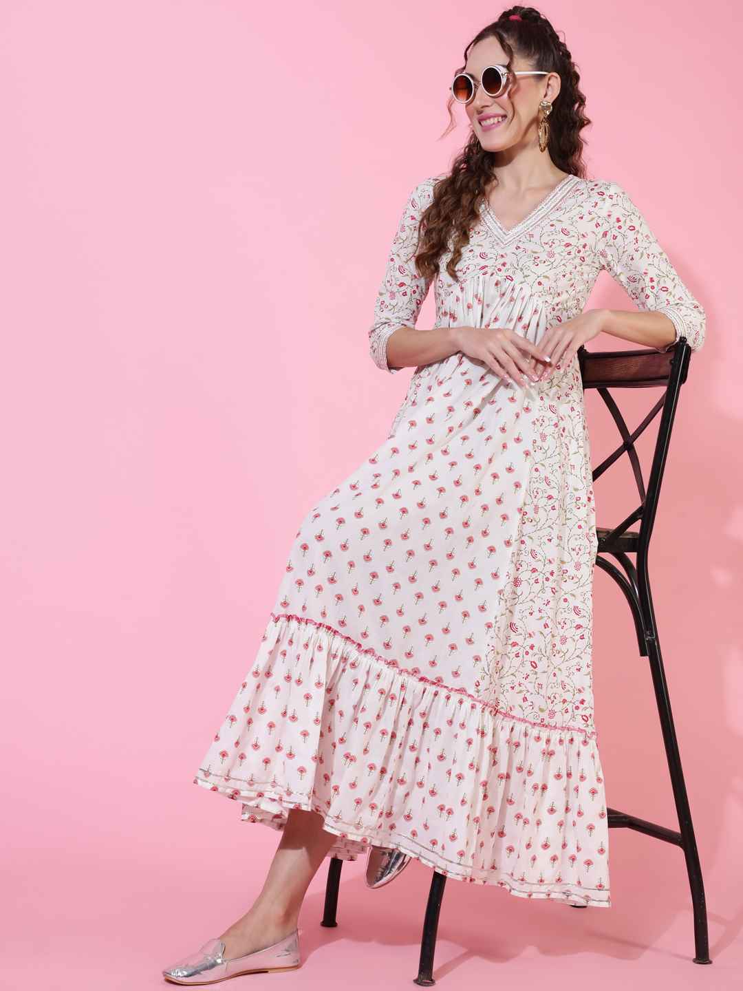 Cotton Ankle Length Printed Flared 3/4 sleeves V neck Kurta