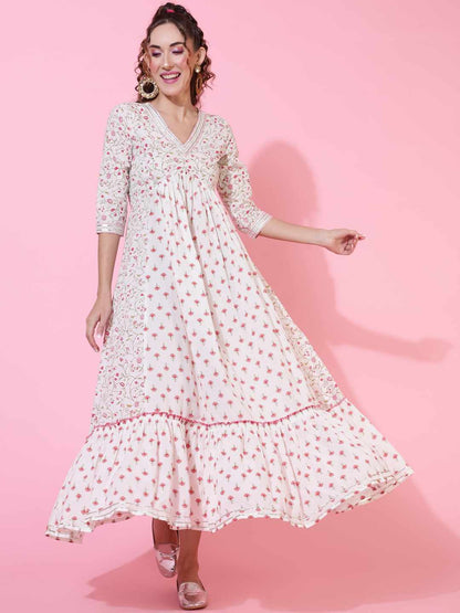 Cotton Ankle Length Printed Flared 3/4 sleeves V neck Kurta