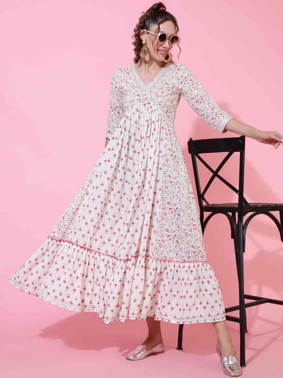Cotton Ankle Length Printed Flared 3/4 sleeves V neck Kurta
