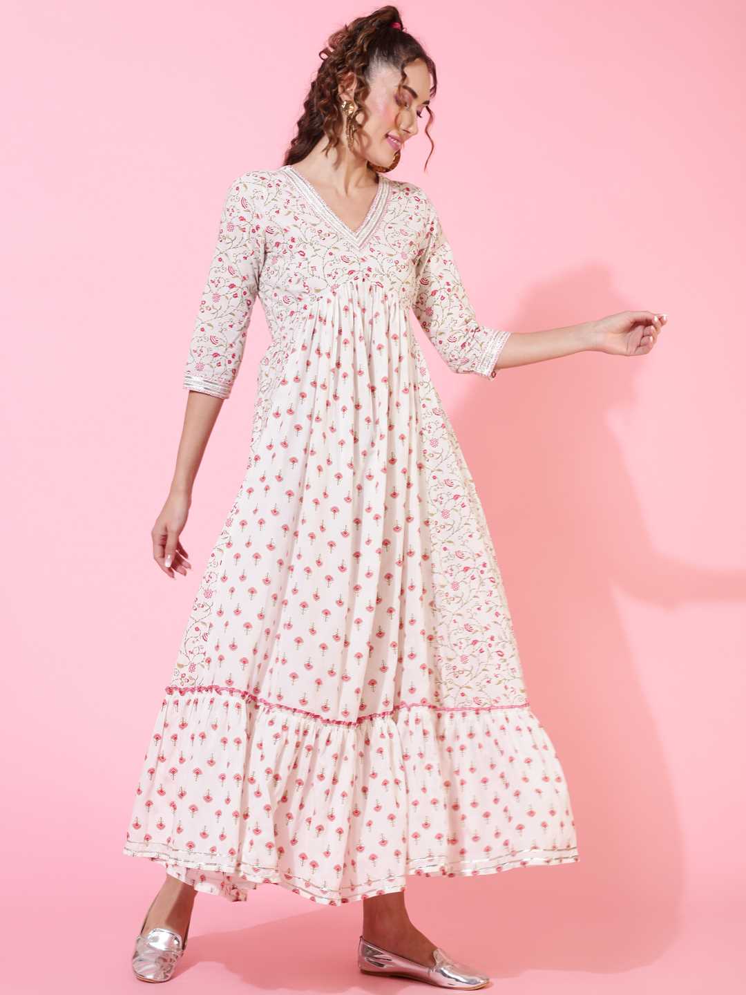 Cotton Ankle Length Printed Flared 3/4 sleeves V neck Kurta