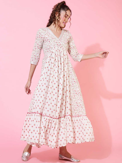 Cotton Ankle Length Printed Flared 3/4 sleeves V neck Kurta