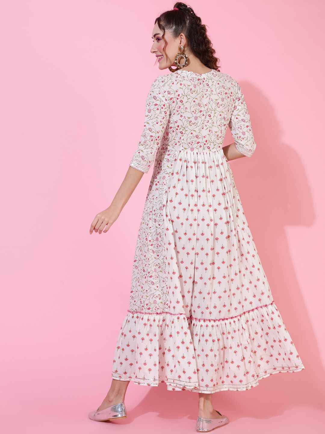 Cotton Ankle Length Printed Flared 3/4 sleeves V neck Kurta