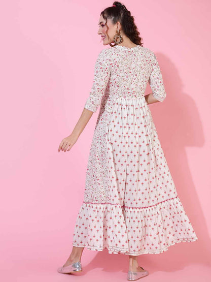 Cotton Ankle Length Printed Flared 3/4 sleeves V neck Kurta