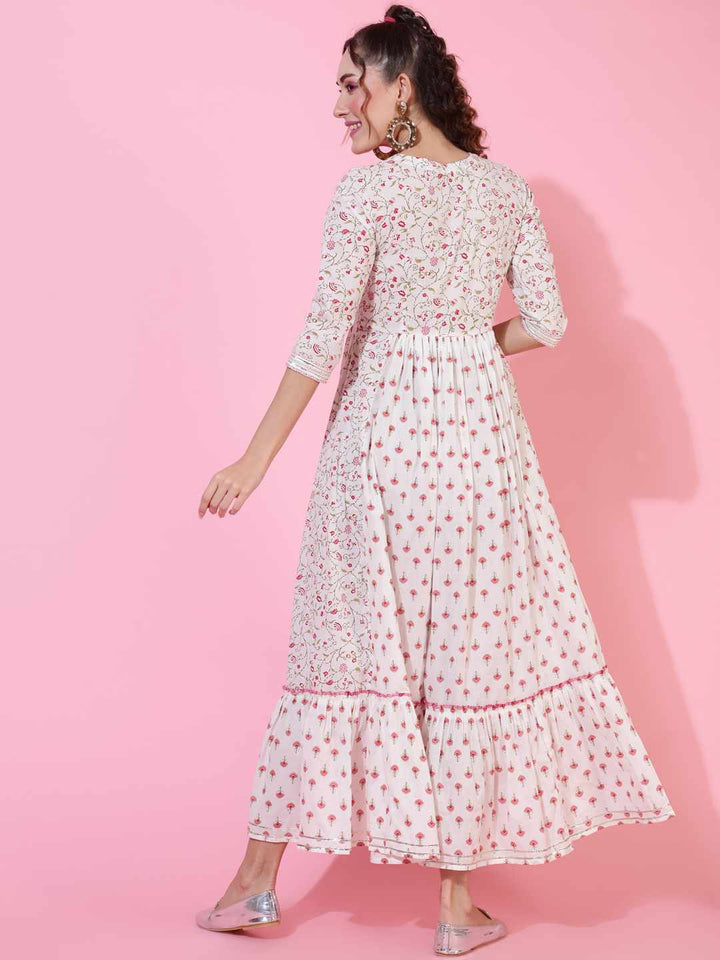 Cotton Ankle Length Printed Flared 3/4 sleeves V neck Kurta