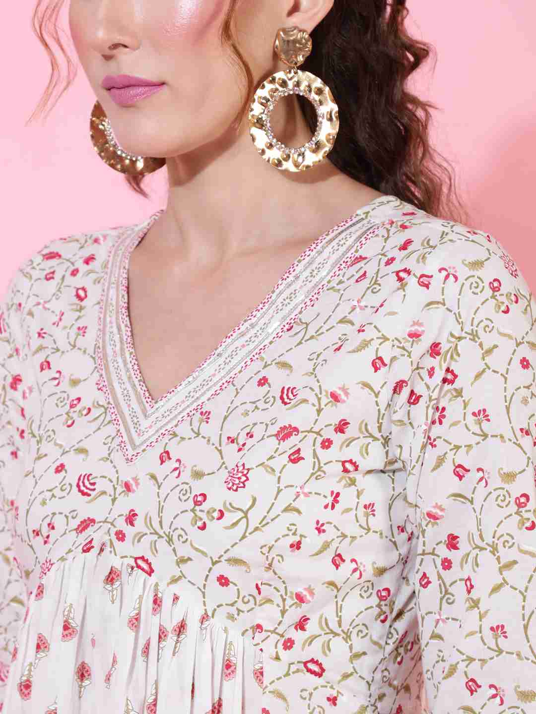 Cotton Ankle Length Printed Flared 3/4 sleeves V neck Kurta (Preorder)