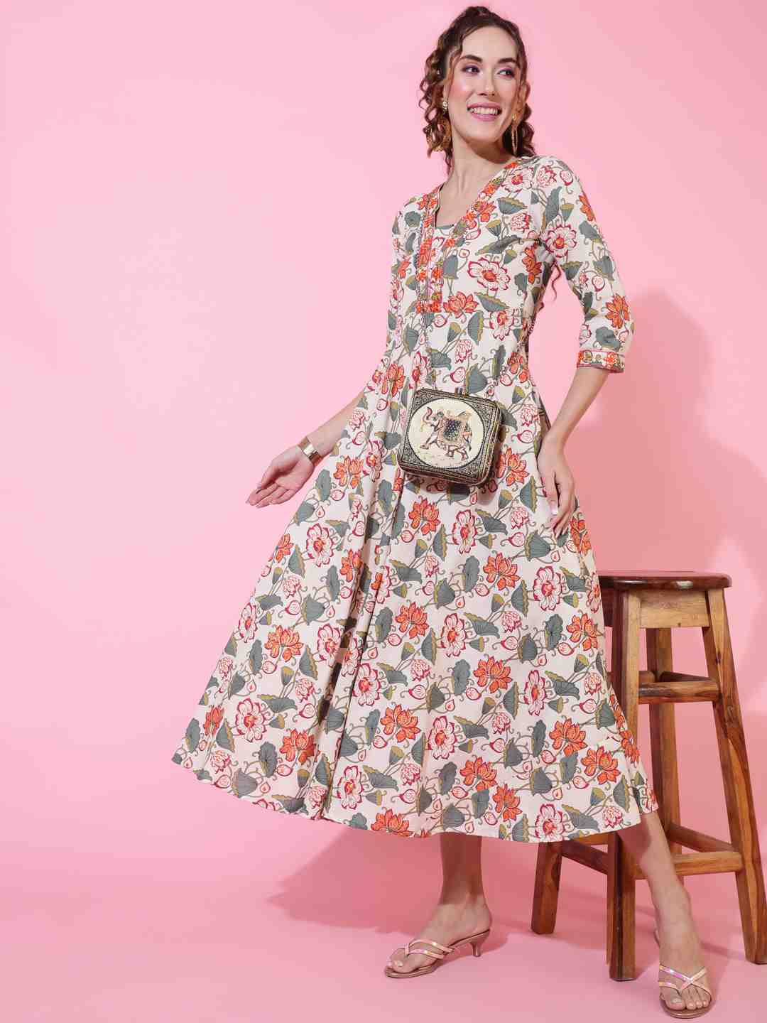 Cotton Flex Calf Length Printed Flared 3/4 sleeves V neck Kurta