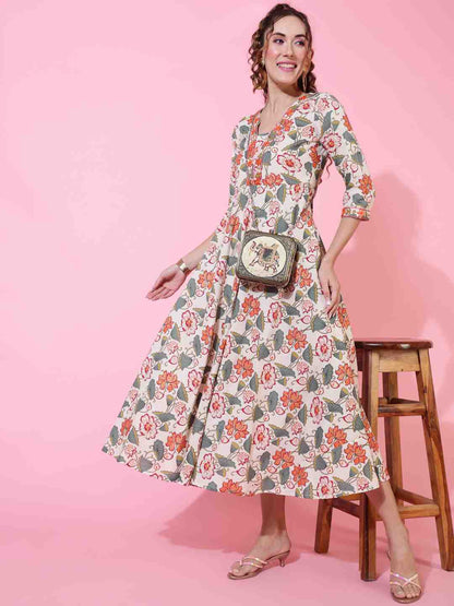 Cotton Flex Calf Length Printed Flared 3/4 sleeves V neck Kurta