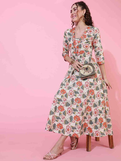 Cotton Flex Calf Length Printed Flared 3/4 sleeves V neck Kurta