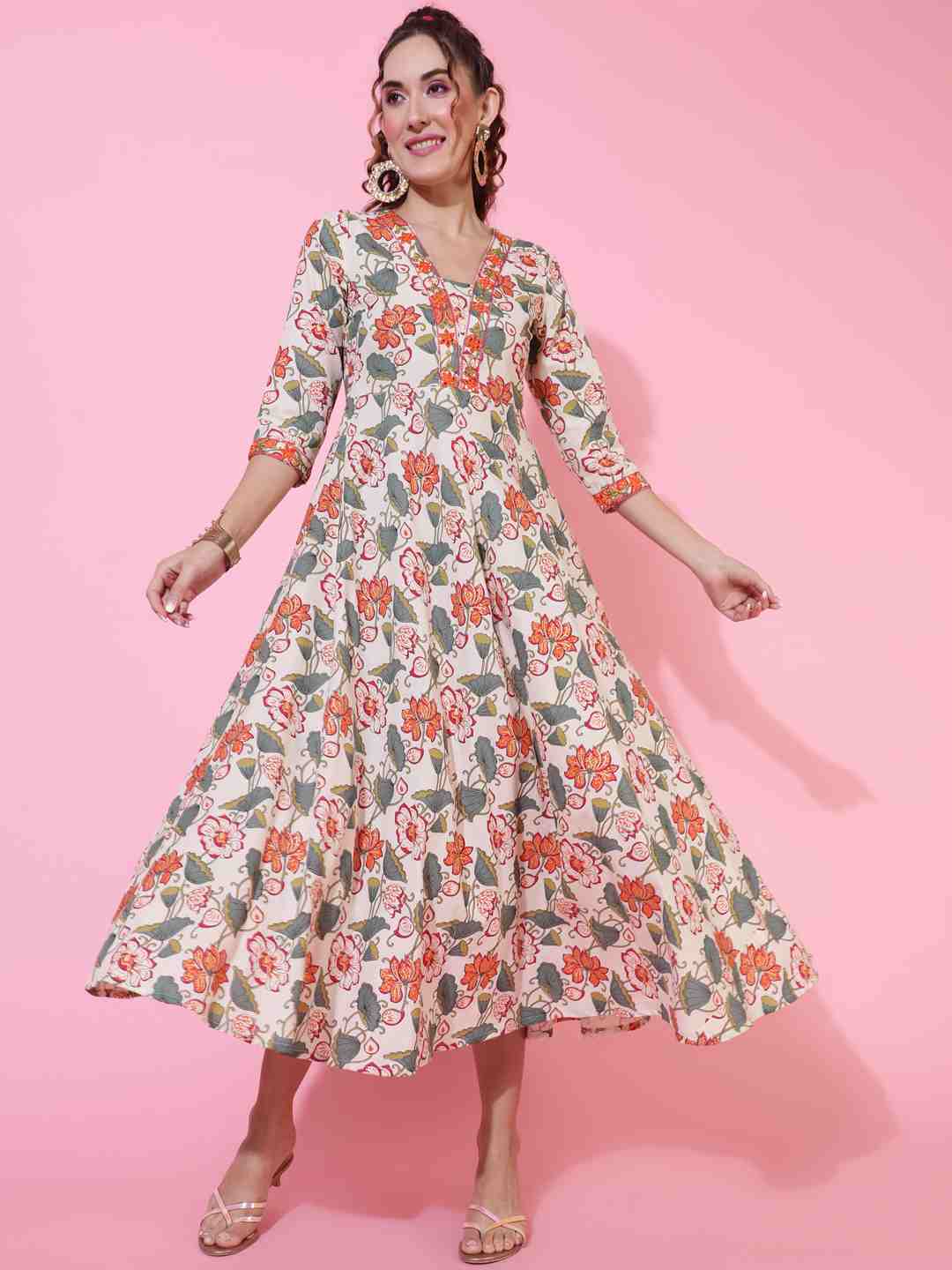 Cotton Flex Calf Length Printed Flared 3/4 sleeves V neck Kurta