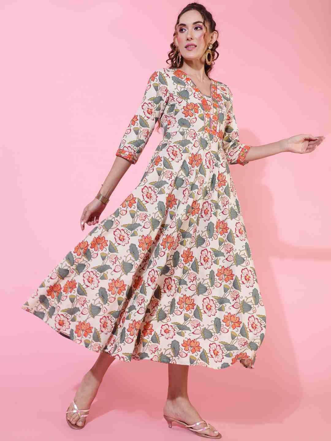 Cotton Flex Calf Length Printed Flared 3/4 sleeves V neck Kurta