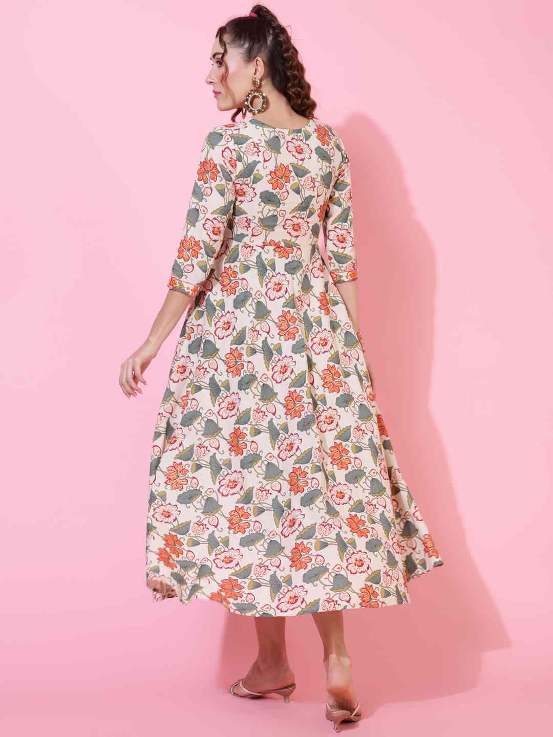 Cotton Flex Calf Length Printed Flared 3/4 sleeves V neck Kurta