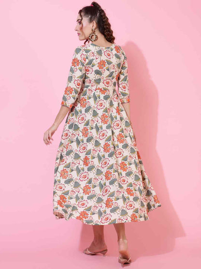 Cotton Flex Calf Length Printed Flared 3/4 sleeves V neck Kurta