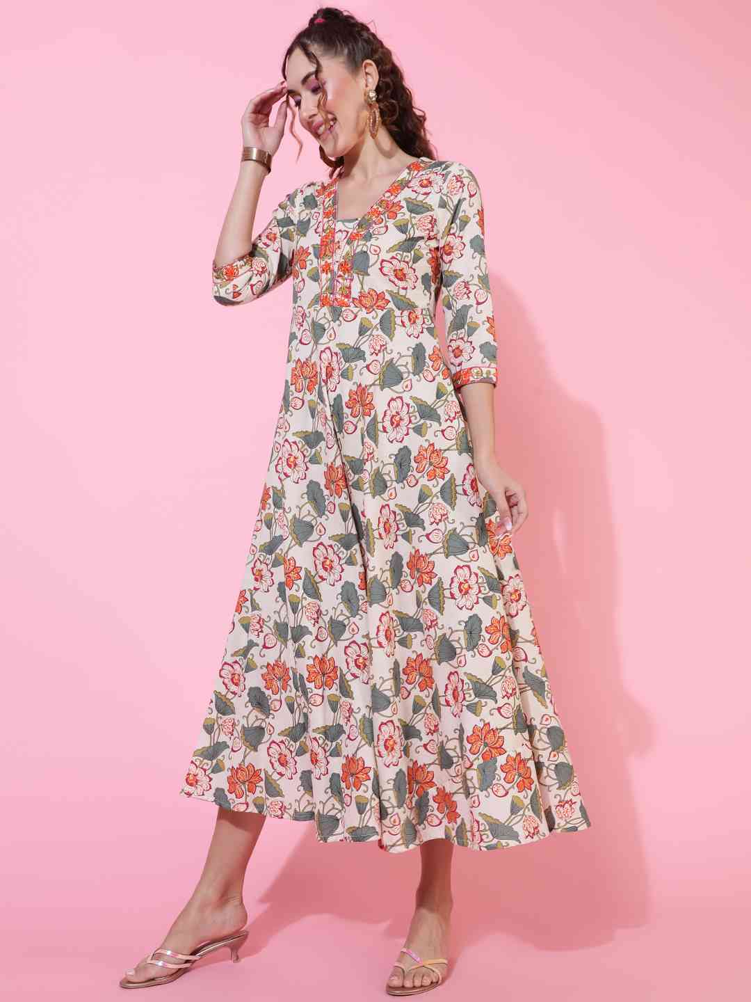 Cotton Flex Calf Length Printed Flared 3/4 sleeves V neck Kurta