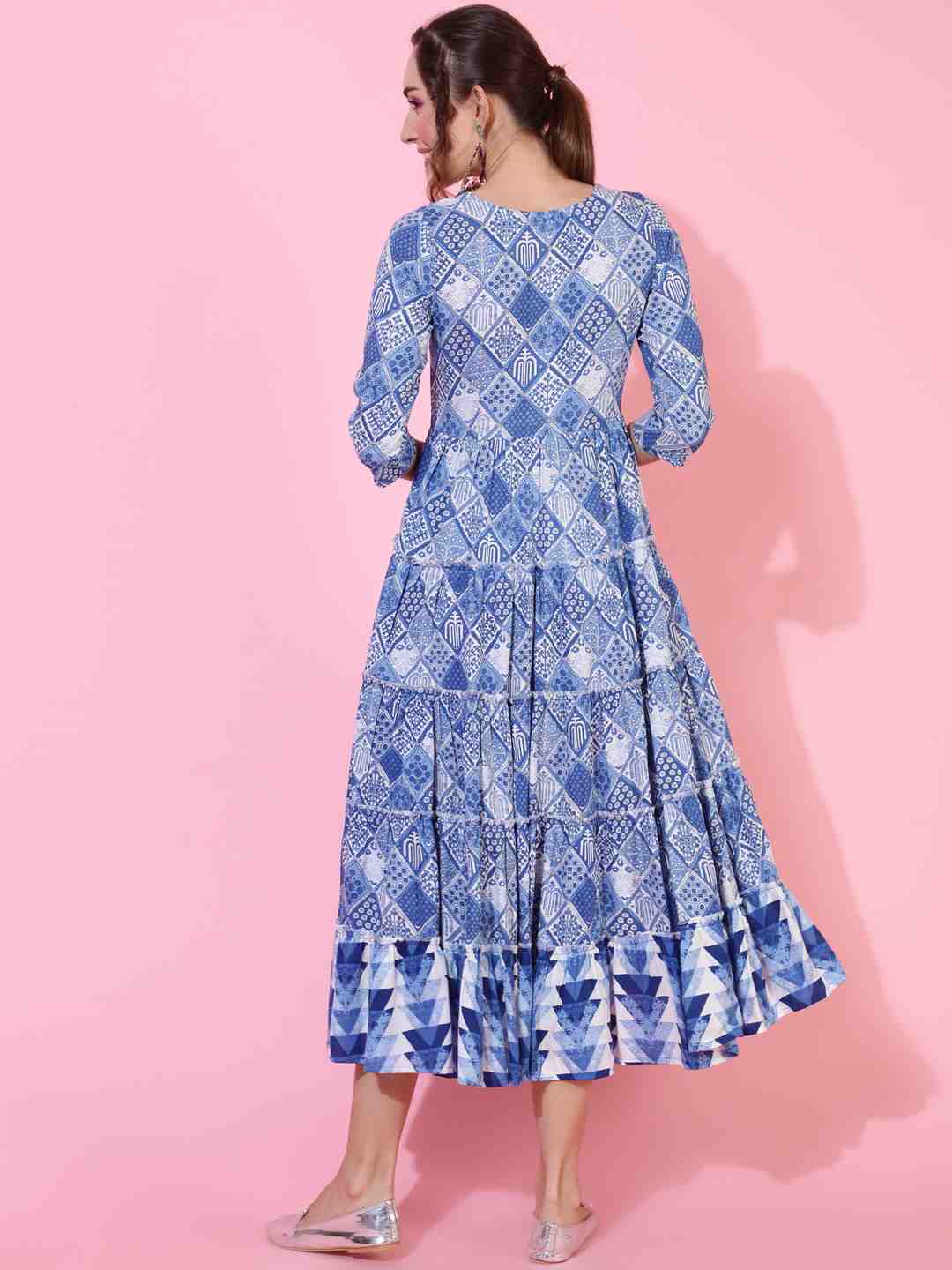 Rayon Calf Length Printed Flared 3/4 sleeves Round Neck Kurta